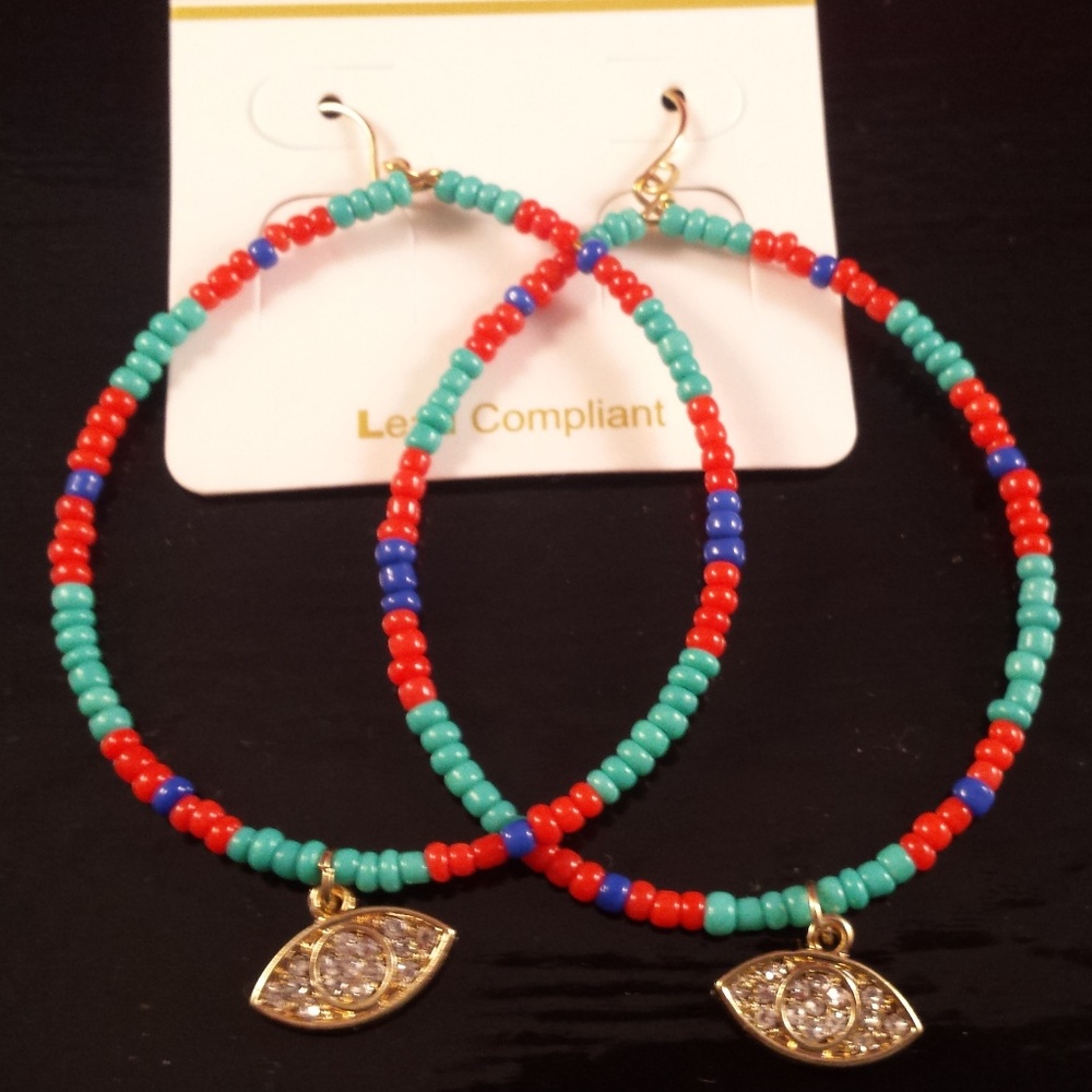 Beaded Hoop Earrings with Rhinestone Eye Pendant
